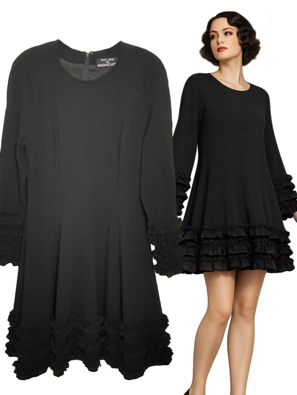 Tracy Reese Magaschoni Black LS Fit Flare Ruffle Dress Romantic Goth Victorian